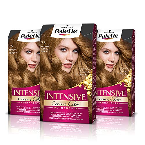 Schwarzkopf Palette Intensive Creme Color – Tono 7.5 cabello Rubio Dorado Caramelo (Pack de 3) Coloración Permanente de Cuidado con Aceite de Marula, cobertura de canas, Color duradero hasta 8 semanas