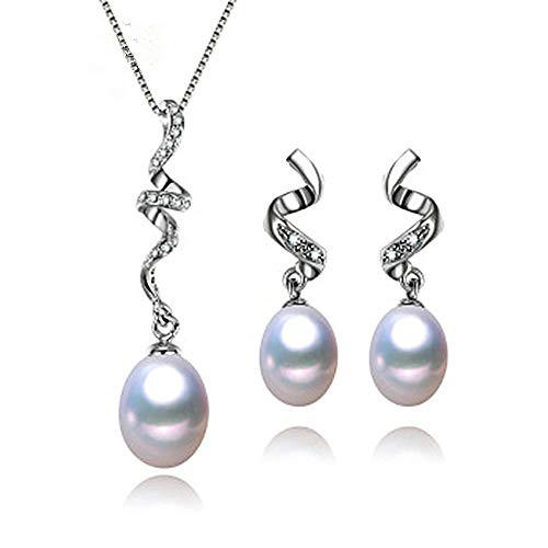 Set de Joyas con Perlas y Circonita|Pendientes y Colgante con Perlas|Collar Spirala y Pendientes de Plata de Ley,Perlas Cultivadas Naturales para Mujer 8-9mm y Piedras circonita
