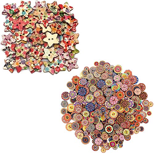 SoundZero 250 Piezas mezclados coloridos botones de resina botones de madera redondos+Botones en forma de estrella Botones de Colores Surtidos para Costura Scrapbooking DIY Artesanía (15mm/20mm/25mm)