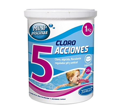 Tamar Cloro 5 Acciones, Tabletas Multifuncion de 20 grs, Especial para Mini Piscinas, 1 Kilo.