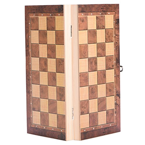 VGEBY Juego de ajedrez plegable de madera 3 en 1, universal, estándar de ajedrez con tabla plegable y exquisitas piezas de ajedrez (34 x 34 cm)