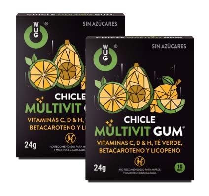 WUG CHICLE MULTIVIT GUM - Vitaminas C, D y H, Betacaroteno, Licopeno y Té Verde, Sabor tropical, Pack 2 cajas (2 x 10 uds)