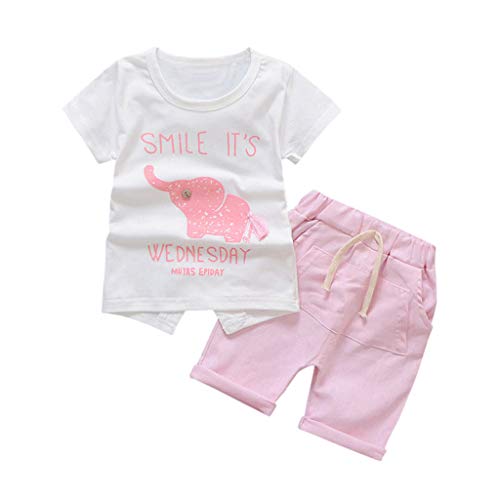 0-5 años de edad, conjunto de trajes de niña, bebé niño niña niño de dibujos animados elefante tops camiseta pantalones cortos conjunto de ropa de bebé conjunto, rosa, 2-3 Años
