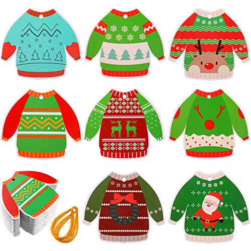 160 Etiquetas de Navidad Etiquetas Colgantes Coloridas de Recortes de Mezcla de Invierno Etiqueta de Señal de Regalos Impresas a Doble Cara con Agujeros y 1 Rollo de Cuerda Oro (Suéter)