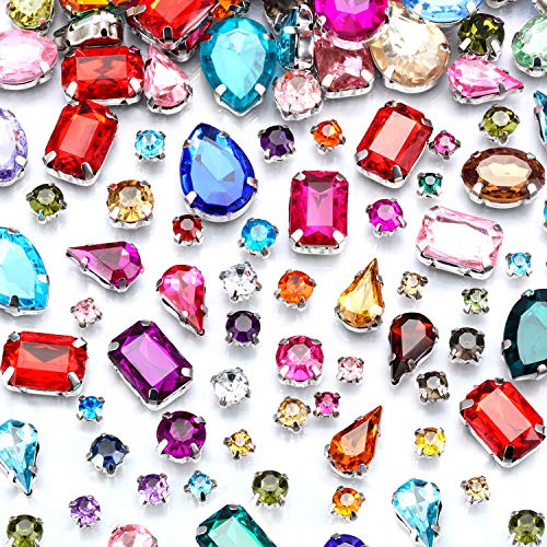 260 Piezas Gemas de Costura de San Valentín Diamantes de Imitación de Acrílico Cristales con Diente Plateado Agujero Agarre Plano Colores Formas y Tamaños Mezclados para Manualidades