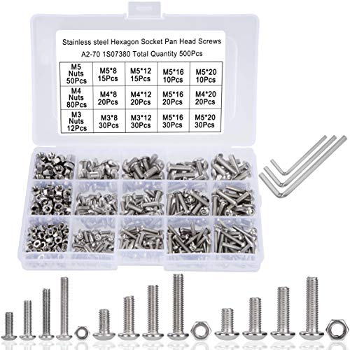 500 Pcs Juego de Tornillos y Tuercas M3 M4 M5 Tornillos de Cabeza Redonda Hexagonal de Acero Inoxidable Kits con Caja de Almacenamiento y llave Allen