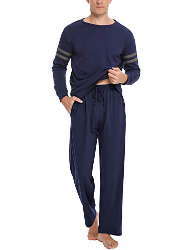 Aibrou Pijama Hombre, Pijamas de Hombre Pijama Clásico de Cuello Redondo Larga Pijama Hombre Algodon Manga Larga con Bolsillo, Pijama Suelto Cómodo para Hogar Casual Estilo 1:Azul Oscuro 1 L