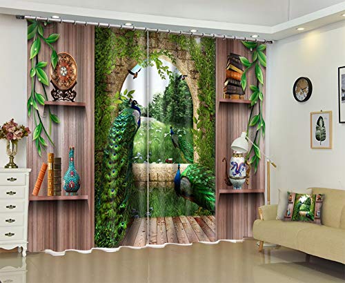 AmDxD Cortinas de poliéster con 2 paneles, modernas cortinas de salón, diseño de árboles de pavo real, lavable a máquina, color verde marrón, 250 cm de ancho x 222 cm de alto