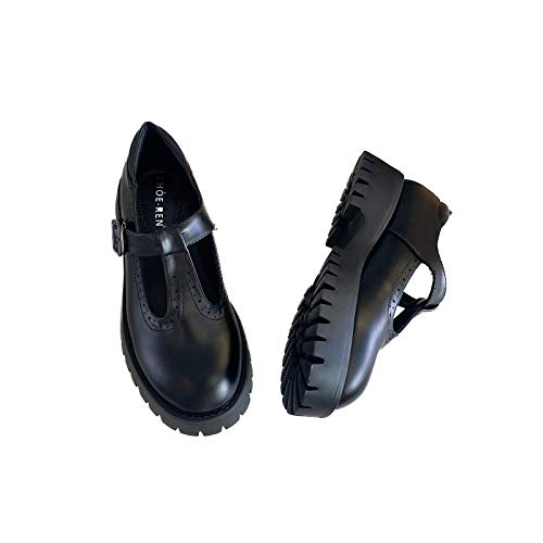 AQTEC Mary Jane Zapatos para Mujer Cuero Plataforma T-Bar Hebilla Correa Punk gótico Lolita Zapatos Vintage con Punta Redonda Planas Zapatos,Negro,38 EU