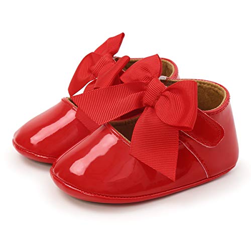 Aulang Zapatos antideslizantes para primer paseo con lazo y empeine superior de piel sintética brillante, para niñas y bebés, Mary Jane, color Rojo, talla 12-18 meses