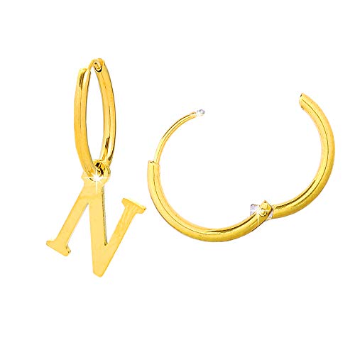 Beloved ❤️ Pendientes de aro para mujer, de acero, uno con inicial y uno de aro simple, para orejas perforadas, cierre de clip, color dorado N