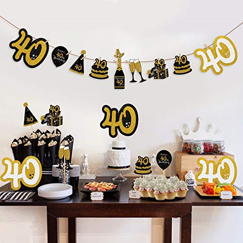 Decoración para mesa de 40 cumpleaños, pieza de corazón negra y dorada, temática de fiesta, corazones de purpurina, decoración de mesa, decoración para fiestas, fotos, etc. Juego de 24 unidades