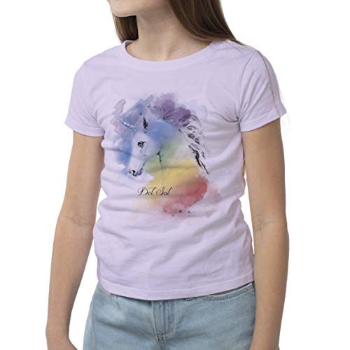Del Sol Camiseta para niñas jóvenes – Unicornio acuarela, lila, camiseta – cambia de azul y blanco a colores vibrantes en el sol – 100% algodón peinado hilado, manga corta – Talla YXL
