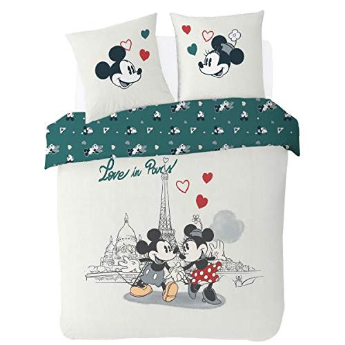 Disney – Juego de Cama de 200 x 200 cm, diseño de Mickey & Minnie – Love in Paris + 2 Fundas de Almohada de 63 x 63 cm, 100% algodón de 54 Hilos, edición Limitada