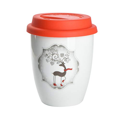 DOITOOL Taza de café y taza de cerámica de 380 ml, taza de café de Navidad sin asa, taza de té gruesa con tapa de silicona (alce)