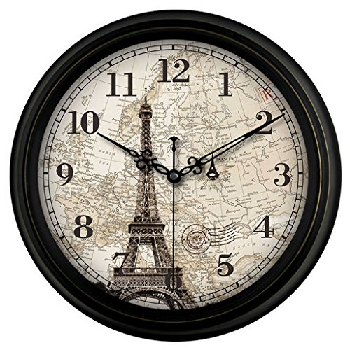 Dongy Reloj de pared Antiguo de Cuarzo con Franja silenciosa de Barrido silencioso Antiguo Vintage de Francia, París, con la Torre Eiffel (Size : 16 Inches)