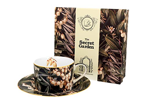 Duo Colección Secret Garden, Taza y platillo YUCCA de Porcelana de New Bone China en Caja de Regalo, Taza de café, Taza de té, Capacidad 240 ml