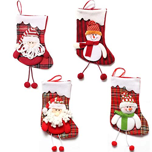 Dusenly - Paquete de 4 calcetines de Navidad grandes para decorar la chimenea, calcetines con detalles de tartán para el árbol de Navidad, adornos para colgar