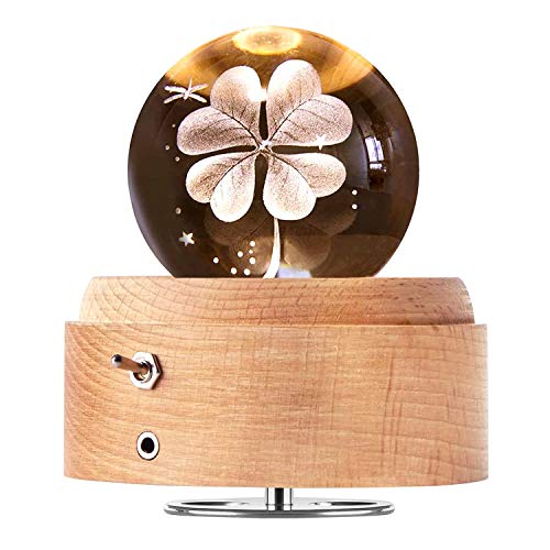 DUTISON Caja de música con bola de cristal de, caja de música de madera giratoria de 360 ° con luz, regalo para Navidad, cumpleaños, día de San Valentín - trébol de cuatro hojas