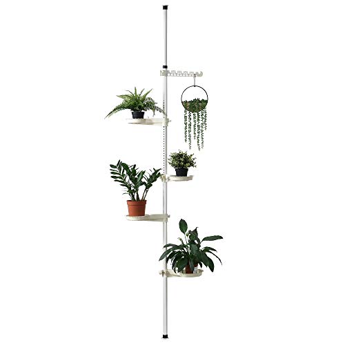 [en.casa] Soporte de Plantas Ajustable 110-305 cm Estante para Flores con 4 bandejas con Gancho Metal, plástico Blanco