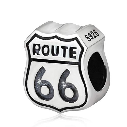 Fantasticharm Abalorio de plata de ley 925 con diseño de la ruta 66, regalo para viajero, compatible con pulseras y collares