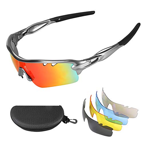 Flintronic Gafas de Sol Polarizadas, Gafas de Ciclismo con 5 Lentes Intercambiables UV400 Bicicleta Montaña, Gafas de Sol Deportivas,100% De Protección UV, Con Caja de Embalaje + Bufanda, Gris Premium