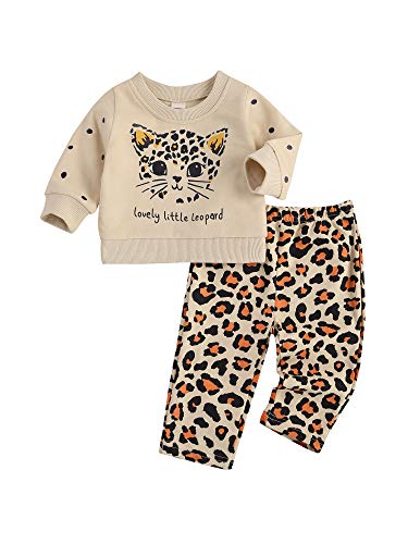 Geagodelia Conjunto de 2 piezas para bebé, sudadera de manga larga con diseño de gato + pantalones de leopardo, chándal femenino, 0 – 3 años, otoño e invierno informal beige 0- 6 Meses