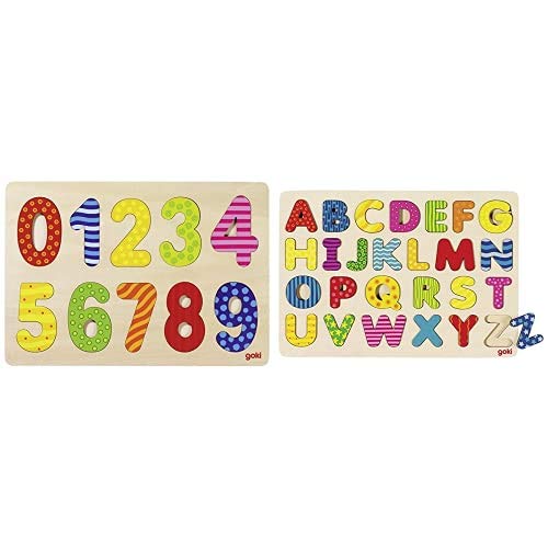 GOKI Madera Puzzles de Madera Números Puzzle 0-9, Multicolor (1) + Madera Puzzles de Madera Abecedario Puzzle, Multicolor (1)