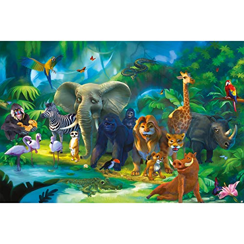 GREAT ART Mural de Pared Cuarto De Los Niños – Jungla Safari – Parque Natural Animales Salva Jirafa Elefante Mono Lion Loro Estilo Cómico Papel Pintado Tapiz y decoración (210x140 cm)