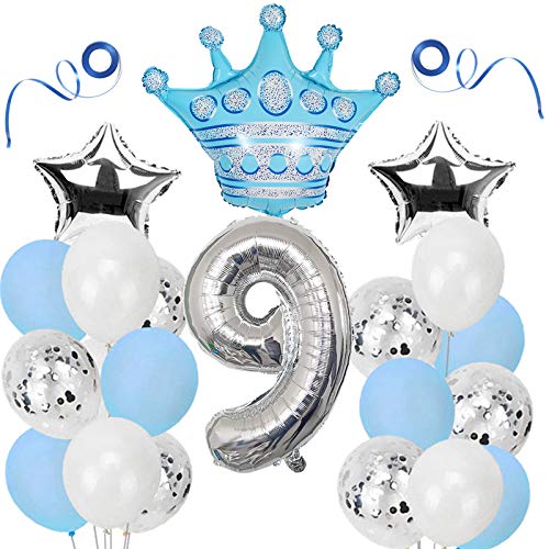 Haosell Globo de 9º cumpleaños para niñas y niños, decoración de cumpleaños de 9 años, color azul y plateado, confeti con helio, decoración para 9 cumpleaños