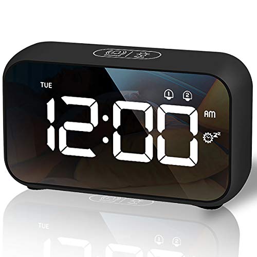 HOMVILLA Despertadores Digitales, Reloj Despertador Digital, Mini Reloj Digital Despertador, Alarma de Espejo Portátil, Alarma con Doble Tiempo de Repetición 4 Niveles de Brillo Regulable (Negro)