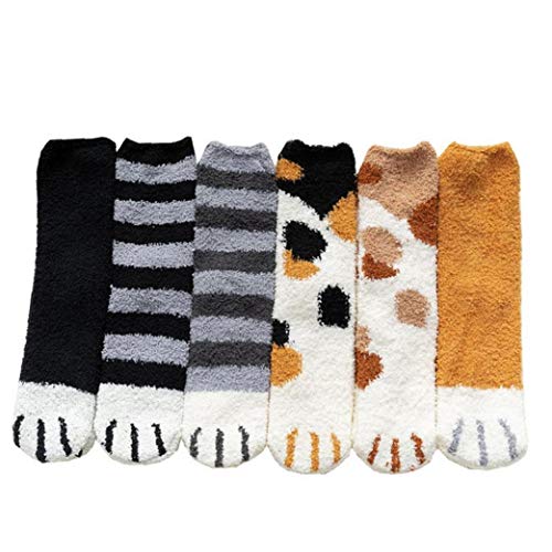 Invierno piso medias antideslizantes, calcetines garras del gato lindo animal caliente mullido por mujeres de la muchacha 6PCS para el hogar y al aire libre