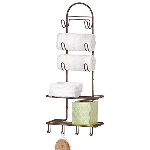mDesign Sistema de almacenaje con 2 baldas y 10 ganchos – Estante de pared en metal para organizar el baño, la cocina o el pasillo – Útil organizador de baño para productos de belleza – color bronce