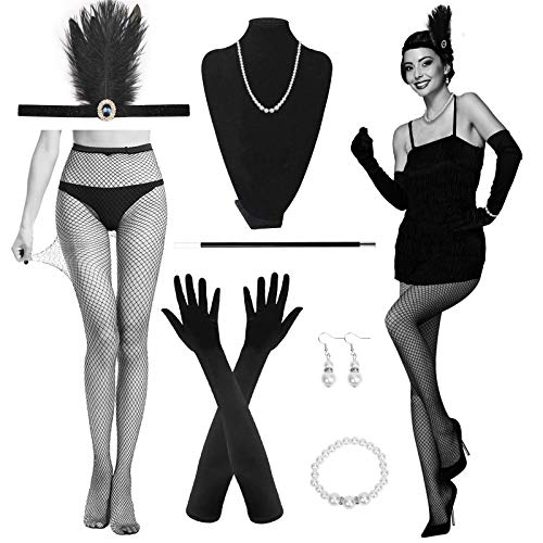 MEZOOM 1920s Accesorios de Gatsby para Mujer 9 Piezas Años 20 Disfraz de Charlestón Diadema de Pluma Negro Medias de Rejilla Sexy Pendientes Collar de Perlas Porta Cigarrillos para Mujer