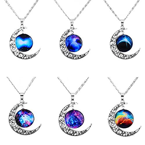 MJARTORIA - Lote de 6 collares de la amistad con colgantes de luna con motivos de galaxias, en color plateado, para mujer
