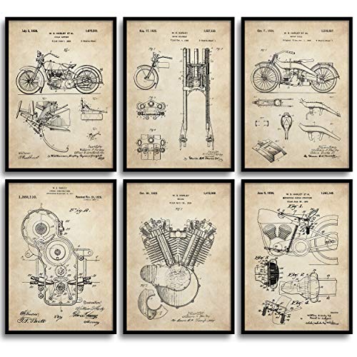 MONOKO® Juego de 6 pósteres de Harley Davidson, patente, vintage, sin marco, 6 unidades A4 (21 x 29,7 cm)
