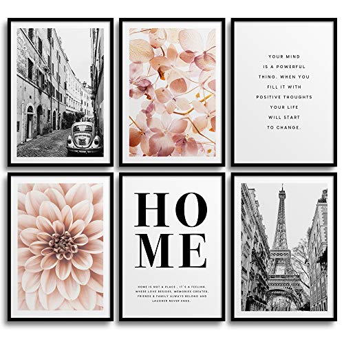 MONOKO® Juego de pósteres para el salón, juego de imágenes para el dormitorio, con estilo, 6 unidades, sin marco (flores, blanco y negro, 6 x A4 (21 x 29,7 cm)