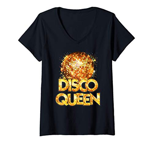 Mujer Disco Queen - Disfraz Vintage Disco Fever con temática de Camiseta Cuello V