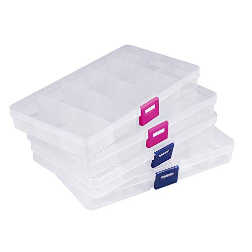 Opret 4 Pack Caja de Almacenamiento Transparente Caja Compartimentos de Plástico (15 Compartimentos) con Separadores Ajustables Organizador de Joyería Contenedor de Herramientas