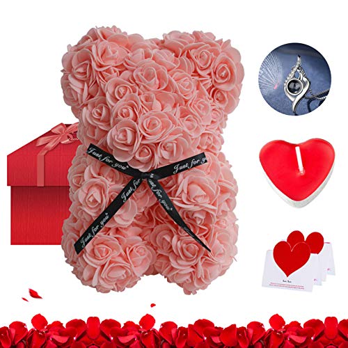Oso de peluche rosa en caja de regalo 25 cm – Vela romántica, collar con 100 idiomas, los enamorados, cumpleaños, mamá, regalo de vacaciones, regalo de San Valentín (rosa)
