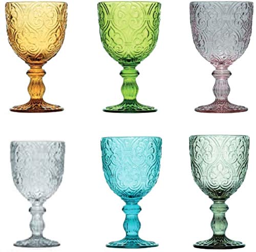 Pagano Home - Juego de 6 copas de cristal para agua/vino de colores surtidos, multicolor, capacidad 300 ml, color rojo transparente, lila, verde, naranja y celeste.