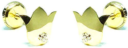Pendientes oro 18k, niña/mujer flor de lis/tulipán pulida alto brillo y circón engastada de calidad. Medida de la joya 8 x 12 mm. Con cierre de máxima seguridad a rosca.