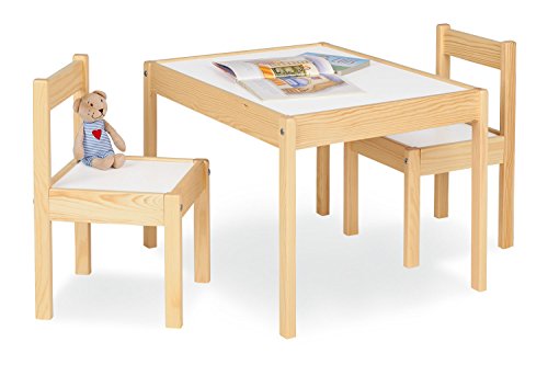 Pinolino Olaf - Juego de mesa y 2 sillas infantiles (parcialmente macizo, mesa de 64 x 50 x 46 cm, sillas de 28 x 30 x 51 cm, ideal para manualidades), color blanco y natural