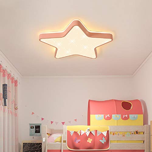 Plafón de techo LED Lámpara de techo Forma de estrella Lámpara de pared romántica Led Lámpara para niños Lámpara para sala de estar Dormitorio Sala de juegos (Luz tricolor, Borde rosa (60 * 5 cm) 48W)