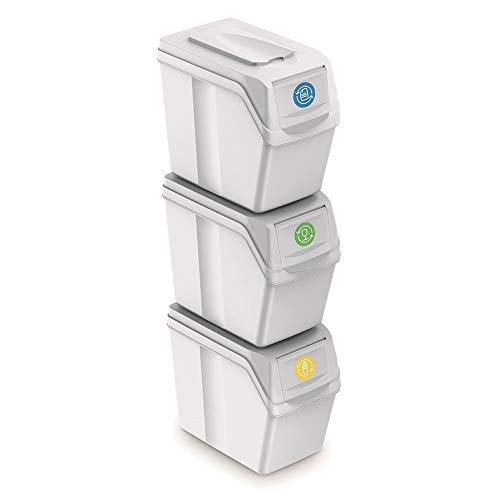Prosperplast Juego de 3 cubos de reciclaje capacidad total 60 litros, apilable, compartimentos en color blanco, 3x20 Litros