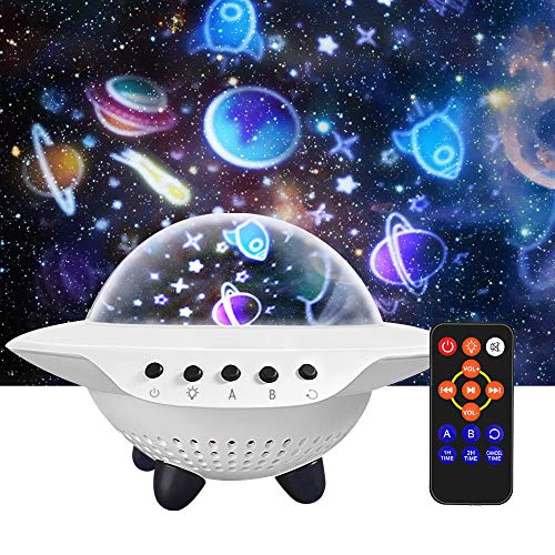 Proyector de cielo estrellado Galaxy Proyector luz estrellada forma UFO 6 proyectores, película 9 colores, Bluetooth, altavoz de música, temporizador, mando a distancia para habitación de los niños