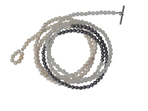 Pulsera 3 Färbig Color Blanco, Beige y piedras preciosas plata media Jade Blanco, hematita y Riverstone elaboradas mordaza cierre, 94 cm de largo, también como cadena de llevar