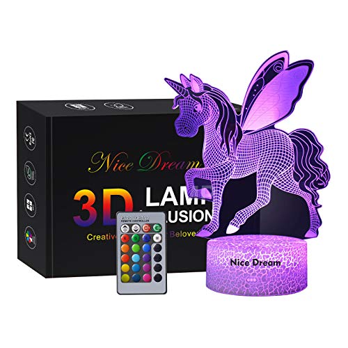 Regalo de Unicornio Luz de Noche para Niños, Lámpara de Luz 3D 7 Colores Cambian con Control Remoto, Ideas de Festivo y Regalos para Niños Niñas y Adultos (unicornio5)