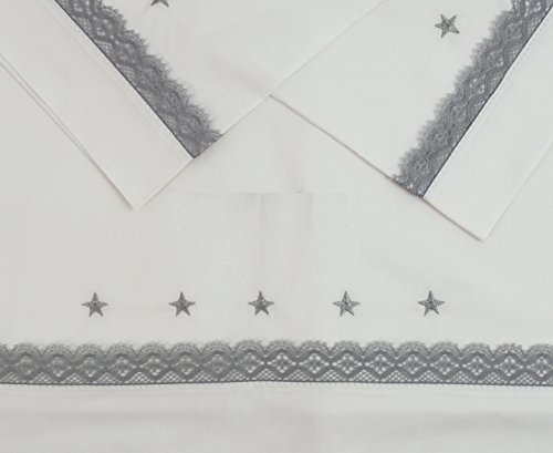 Sabanas 100% Algodón CUNA 60X120 con detalle de estrellas bordadas y bolillo gris - Juego de 3 piezas (bajera+encimera+funda almohada) Fabricadas en España