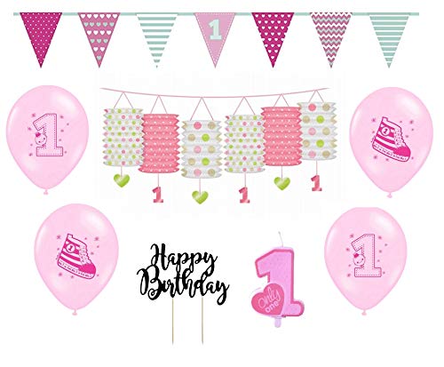 Set de fiesta de 8 piezas, primer cumpleaños, para niña, banderines, faroles y globos multicolor, color rosa